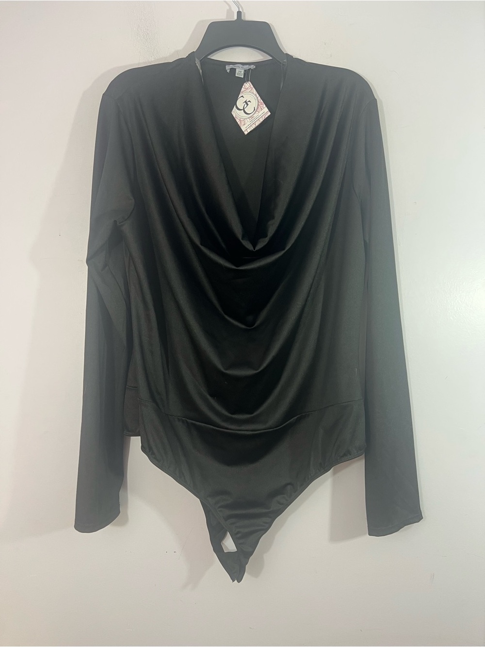 White Birch 2X Black Long Sleeve Drape Front Bodysuit NWT Plus Size